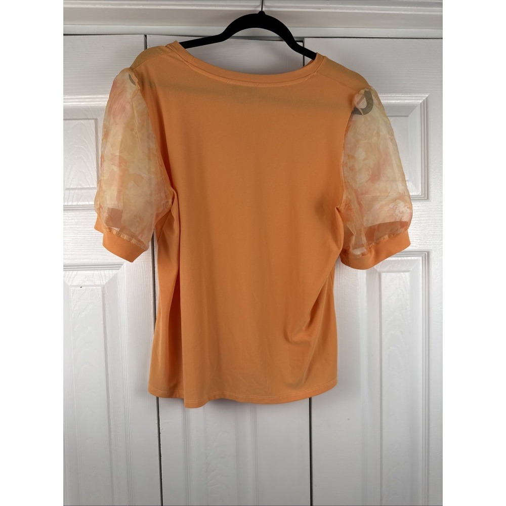 CeCe Women's Size Large Orange Floral Sheer Puff Sleeve Top Blouse - Picture 5 of 7